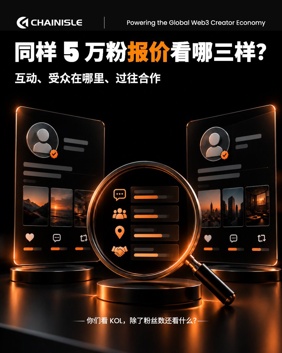 CHAINISLE_ZH's tweet photo. 两个 KOL 都是 5 万粉，报价不一样，哪个比较值？

粉丝数只是第一行。排期前可以多看三样：
1. 互动：最近几条帖子有多少人留言，留言是不是在聊帖子内容
2. 受众在哪里：粉丝主要在哪些地区、说什么语言，跟项目要打的市场对不对得上
3. 过往合作：之前接过哪些项目，合作帖的评论区有没有人问产品

三样都对得上，报价高一点也合理；
粉丝多但三样都对不上，效果就很难看出来。

你们看 KOL，除了粉丝数还会看什么？