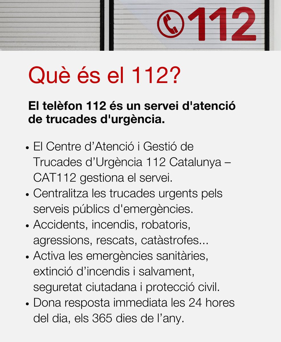 112's tweet photo. 📲 El Centre d’Atenció i Gestió de Trucades d’Urgència 112 Catalunya #CAT112 gestiona totes les trucades d'urgència.

📅 🕒 Dona resposta immediata les 24 hores del dia, els 365 dies de l’any.

Si vols saber més: https://t.co/4fstiu5SX3 https://t.co/zwj9dgcPYs