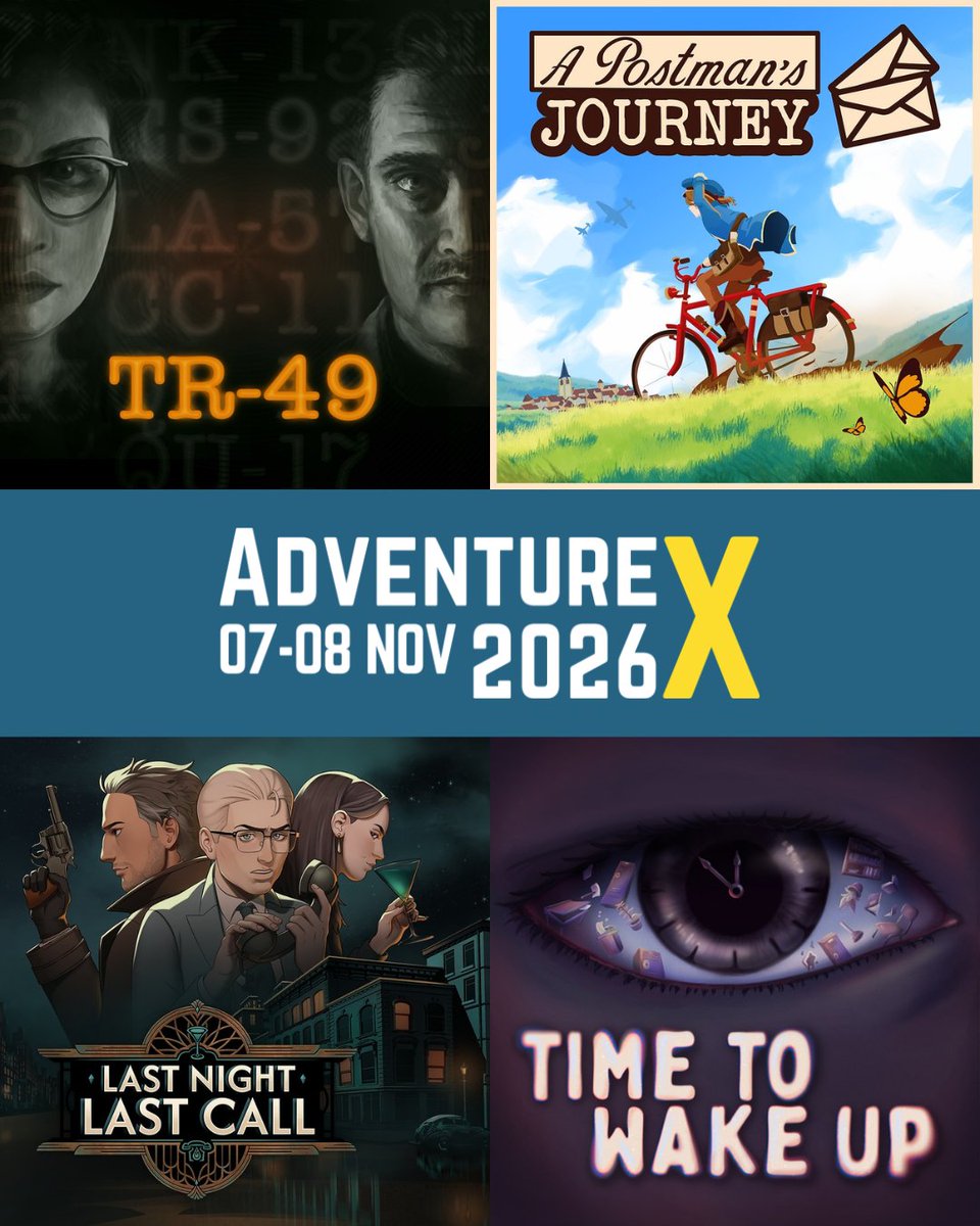 AdvXConf's tweet photo. #AdvX is made possible each year by generous sponsors.

We’re thrilled to thank our #AdvX26 sponsored game exhibits:

TR-49 (Inkle)
A Postman’s Journey (Dovespire)
Last Night Last Call (Rogueside)
Time to Wake Up (Eye Blink Twice) https://t.co/5JcN20G7tq