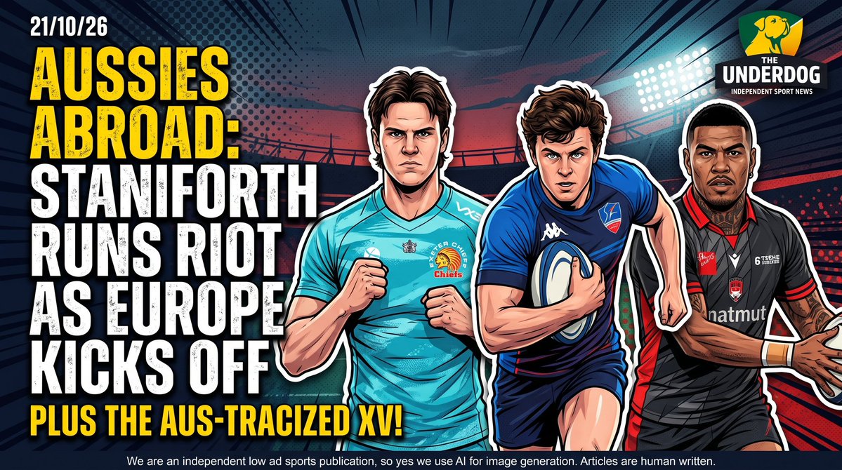 underdognewsau's tweet photo. Aussies Abroad 🇦🇺
Staniforth ran riot for Aurillac (129m, 3 line breaks), Ioane lit up Lyon, and four Aussies helped Glasgow belt Sale.
57 Aussies, every one mentioned, plus the Aus-tracized XV 👇
https://t.co/KkX87xux2s
#AussiesAbroad #Wallabies https://t.co/xdBviJJRqg