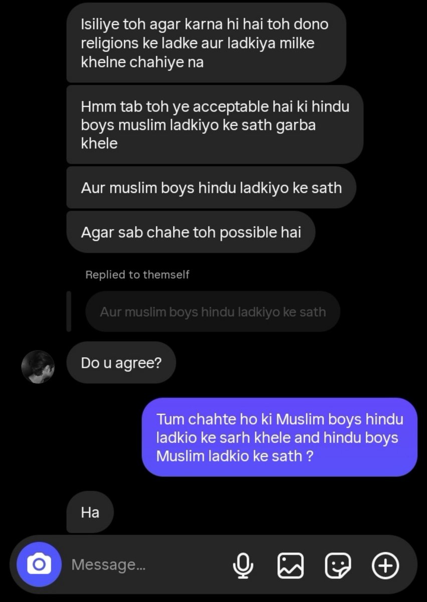 Anviksha_'s tweet photo. I commented on a Garba reel, and shortly afterwards, a Muslim guy DM’d me, saying that Muslims should also be allowed to participate in Garba. I told him that Garba is a religious event and that it is considered haram in Islam.

Then he suggested that Hindu girls should play Garba with Muslim boys and Muslim girls should play Garba with Hindu boys. I was shocked.

He then said he would allow his own sister to play Garba with one of my Hindu male friends, and in return, I should play Garba with him.

He was literally willing to compromise his own sister’s modesty just for a chance to play Garba with me.

This is genuinely shocking.