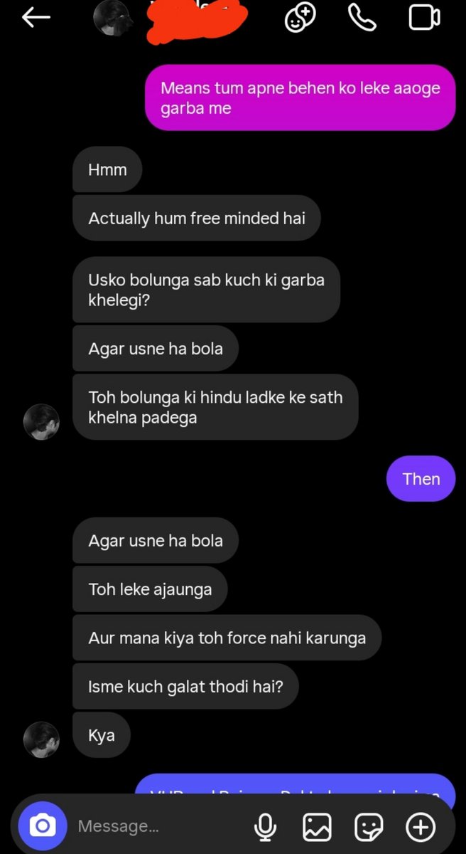 Anviksha_'s tweet photo. I commented on a Garba reel, and shortly afterwards, a Muslim guy DM’d me, saying that Muslims should also be allowed to participate in Garba. I told him that Garba is a religious event and that it is considered haram in Islam.

Then he suggested that Hindu girls should play Garba with Muslim boys and Muslim girls should play Garba with Hindu boys. I was shocked.

He then said he would allow his own sister to play Garba with one of my Hindu male friends, and in return, I should play Garba with him.

He was literally willing to compromise his own sister’s modesty just for a chance to play Garba with me.

This is genuinely shocking.