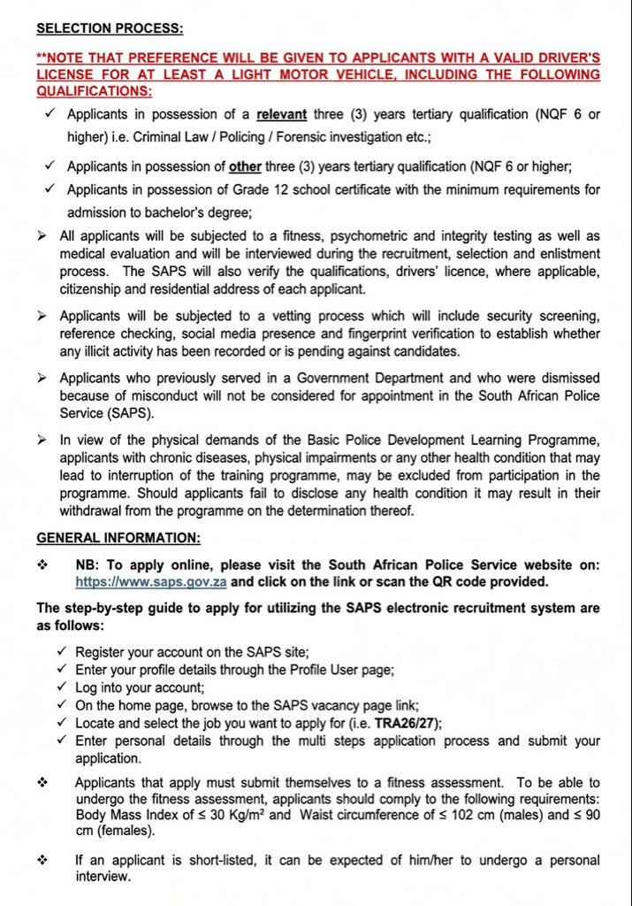 SAPoliceService's tweet photo. #sapsHQ [YOUR FUTURE. YOUR COUNTRY. YOUR CALL: SAPS OPENS ONLINE APPLICATIONS FOR 5 500 POLICE TRAINEES]

The nationwide online recruitment drive opens today, 21 October 2026, and closes on 13 November 2026.

Eligible applicants who have no criminal records or pending criminal cases are encouraged to apply via the official #SAPS eRecruitment portal: https://t.co/01Fs84I37F

For more information on the requirements and general information, please follow this link to the SAPS Website: https://t.co/9lLcQrpAmf

#SAPSCareers #SAPSEmployerOfChoice ST