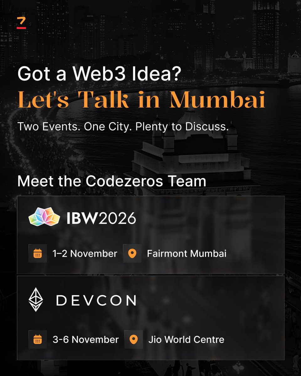 codezerostech's tweet photo. Your Web3 roadmap deserves a real conversation.

We're in Mumbai for:

📍 @IBWofficial  | 1–2 Nov
📍 @EFDevcon 8 | 3–6 Nov

#DeFi, smart contracts, #tokenization, infrastructure. What are you building?

DM Codezeros. Let's meet.

#IBW2026 #Devcon8 #Web3‌‌ https://t.co/B5CTCWwKKP