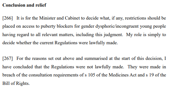 benmackey's tweet photo. NZ High Court overruling the govt ban on pubity blockers is a biggie right in the middle of an election campaign. 

From a brief read of judgment appears little to do with 'science', instead that Brown didn't consult &amp; breached Bill of Rights. Seemingly possible to reinstate. https://t.co/ZJsF6cmVFq