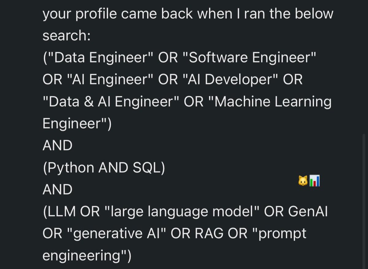 cattodata's tweet photo. [สาระหางาน] Recruiter หาเราเจอบน LinkedIn ได้ยังไง? ทริกน่าสนใจสำหรับคนกำลังหางาน 🐱🔥

วันนี้มี Recruiter ที่ Sydney ทักมา แต่อ่านแล้วสะดุดตา อะไรใหม่ๆ มาก พี่แกให้ทั้ง Query การ search ว่าทำไมเจอ profile เรา เป็นคนเปิดเผยมาก อะไรคับเนี่ย 

จริงๆ Recruiter ไม่จำเป็นต้องรู้จักเรามาก่อน ไม่ต้องเป็น Connection ถ้า Profile มี Keyword ตรงกับที่เขาค้นหา เราก็มีโอกาสโผล่ขึ้นมาให้เขาเห็น

คนนี้ทักมาว่า

I spotted your profile came back when I ran the below search:
("Data Engineer" OR "Software Engineer" OR "AI Engineer" OR "AI Developer" OR "Data & AI Engineer" OR "Machine Learning Engineer")
AND (Python AND SQL)
AND (LLM OR "large language model" OR GenAI OR "generative AI" OR RAG OR "prompt engineering")

จริงๆ ถ้าเรามีประสบการณ์ตรงกับตำแหน่งทุกอย่าง แต่เขียน LinkedIn กว้าง ๆ ไว้ พอ Recruiter ค้นหาด้วย Keyword เฉพาะ ก็อาจไม่เจอ Profile 

ใครอยากให้ Recruiter ค้นพบ ลองดู LinkedIn ตัวเองดูว่าใส่ Keyword Skill ต่าง ๆ ไว้ครบหรือยัง ทั้งใน Headline, About และ Experience

LinkedIn ไม่ได้ใช้แค่ Keyword ในการค้นหา แต่ถ้ามี Keywords ตรงก็ช่วยเปิดการมองเห็นได้ 

ปล ไม่ได้หางาน เปิดไว้เป็น Casual Recruiter Only ถ้าใครหางานแบบตะโกนเปิด Open to work ได้ ใส่วงๆได้ด้วย เห็นว่าอันนี้น่าสนใจเลยมาแชร์ฮะ

#สาระหางาน #linkedin #cattodata