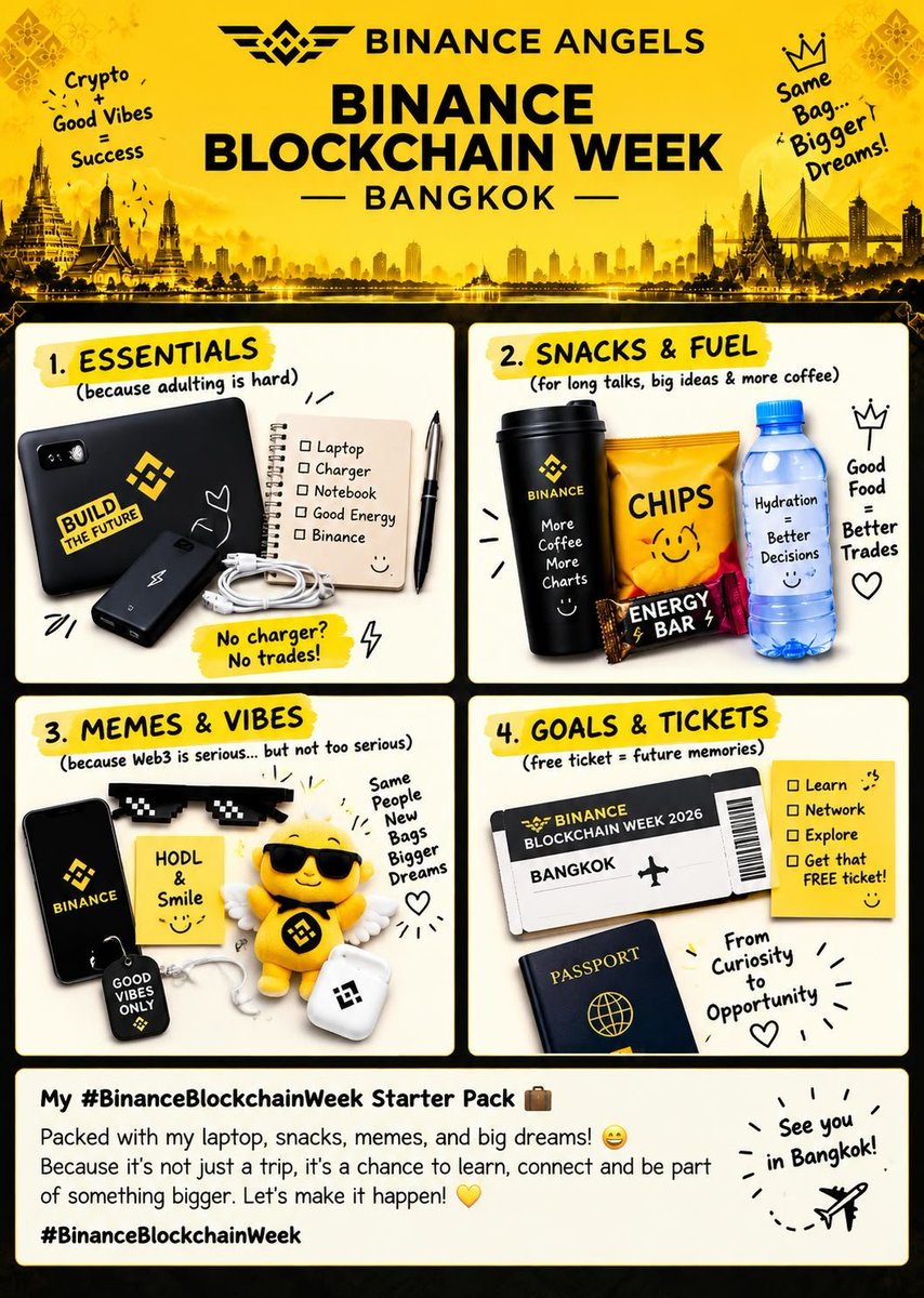 Faarahyy's tweet photo. 🎒 My Binance Blockchain Week Starter Pack 😂💛

Laptop? ✅ Snacks? ✅ Coffee? ✅ Memes? ✅ Big crypto dreams? 100% 🚀

My bags are packed, my energy is bullish, and my budget is bearish until I win that FREE ticket! 😂📉📈

Ready to learn, connect, and make unforgettable memories in Bangkok! 🇹🇭✨

@BinanceAngels, this starter pack deserves a boarding pass! 👀✈️

#BinanceBlockchainWeek #Binance #CryptoCommunity
