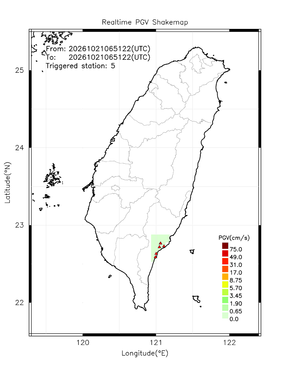 eew_p's tweet photo. Automatically Plotted Shakemaps:
* 2026-10-21 14:51:22 (UTC+08:00, Taipei)
* Evt. 20261021145122, First Report.
* Total 5 triggered stations

Note: These shakemaps are not yet confirmed, for reference only!
#地震 #台灣 #earthquake #Taiwan https://t.co/0Te0IMdAJX