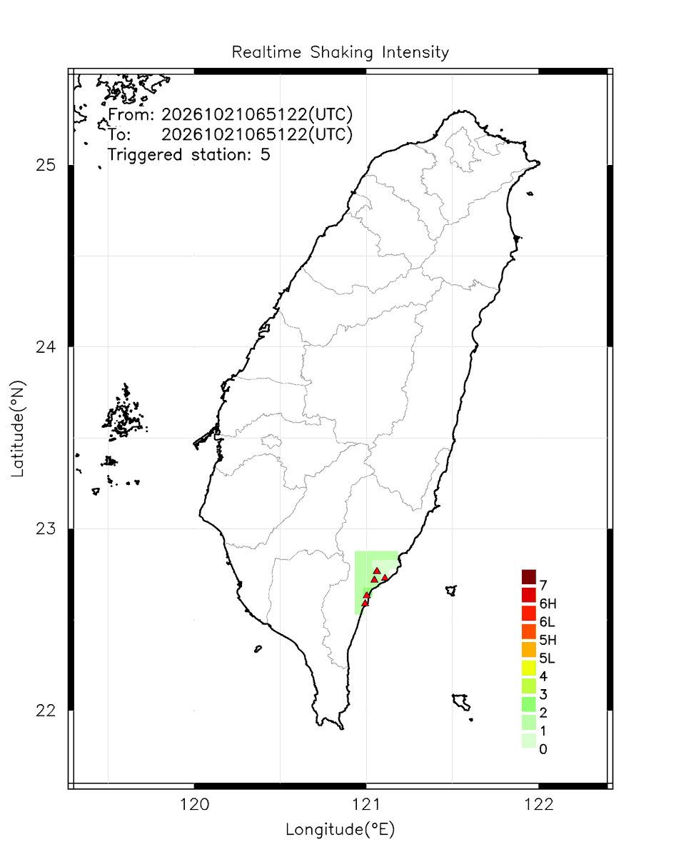 eew_p's tweet photo. Automatically Plotted Shakemaps:
* 2026-10-21 14:51:22 (UTC+08:00, Taipei)
* Evt. 20261021145122, First Report.
* Total 5 triggered stations

Note: These shakemaps are not yet confirmed, for reference only!
#地震 #台灣 #earthquake #Taiwan https://t.co/0Te0IMdAJX