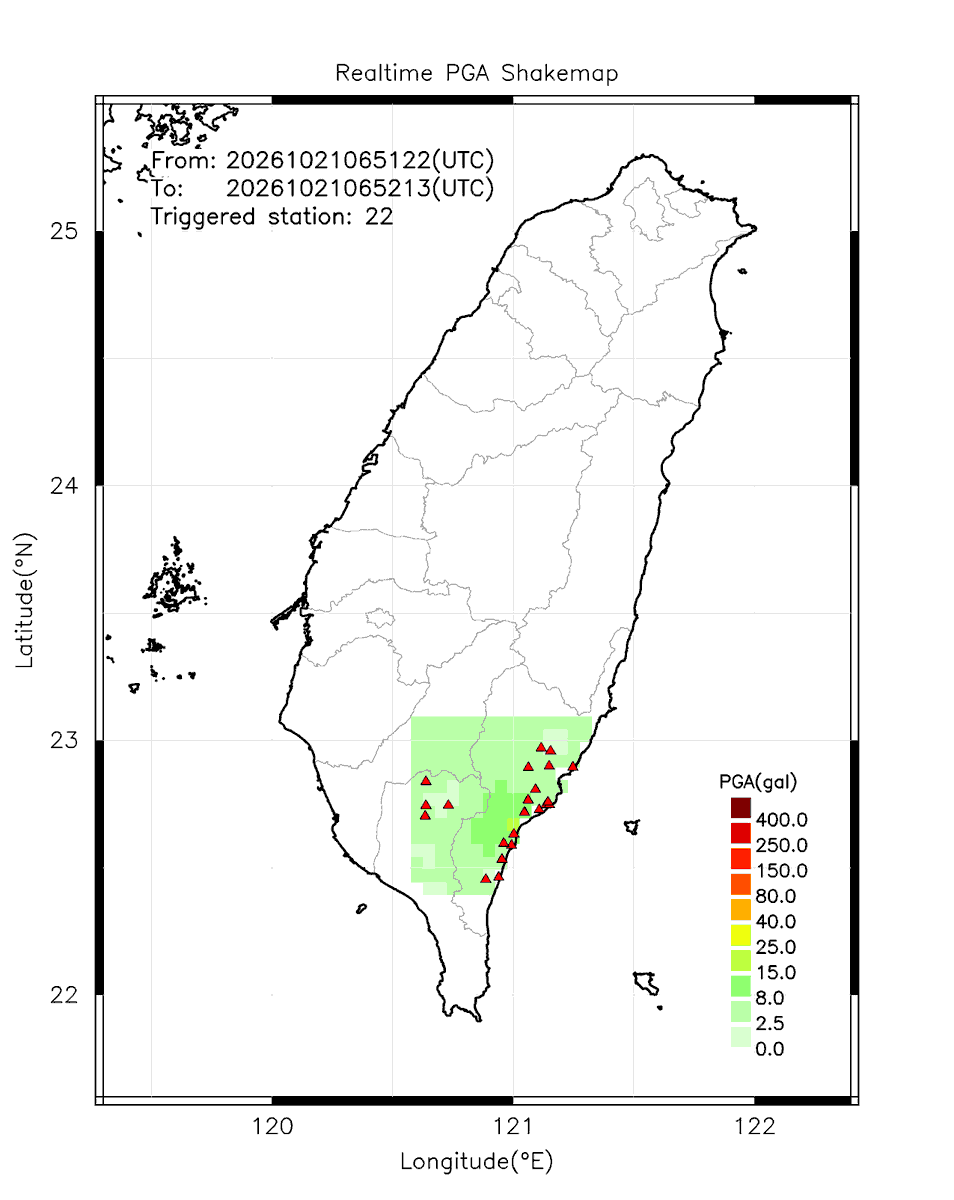 eew_p's tweet photo. Automatically Plotted Shakemaps:
* 2026-10-21 14:52:13 (UTC+08:00, Taipei)
* Evt. 20261021145122, Final Report.
* Total 22 triggered stations

Note: These shakemaps are not yet confirmed, for reference only!
#地震 #台灣 #earthquake #Taiwan https://t.co/58RWjILlY6