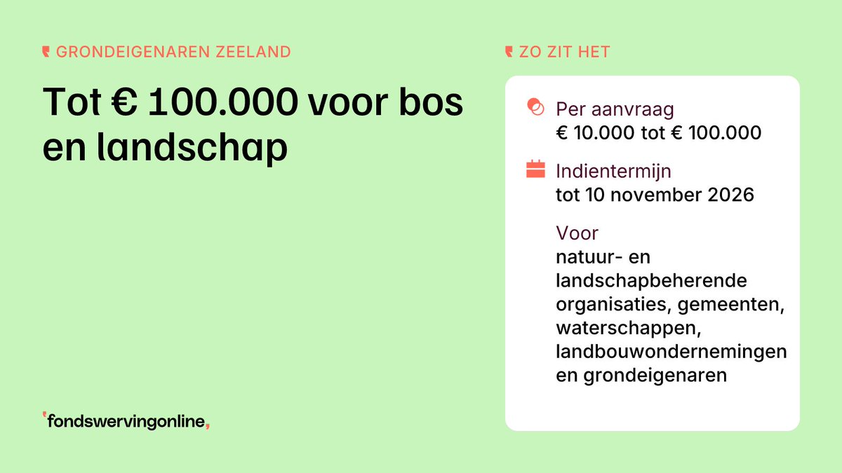 fondswerving's tweet photo. Beheer je grond in Zeeland buiten het natuurnetwerk en wil je bos of landschapselementen aanleggen? Van €10.000 tot €100.000 per aanvraag. Nog tot 10 november 2026 om in te dienen. #landbouw #platteland #subsidie https://t.co/eMdgYZHy7F
