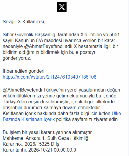 AhmetBeyefendi's tweet photo. 1⃣Dün fon soygunu konusunda paylaştığım iki mesaj için Siber Güvenlik Başkanlığı tarafından X'e iletilen ve 5651 sayılı Kanun'un 8/A maddesi uyarınca Ankara 1. Sulh Ceza Hakimliği Türkiye'den erişimi kısıtlama kararı vermiş. Bir sonraki twitte 5651 sayılı Kanun'un 8/A Maddesi suç kıstaslarının paylaşıyorum, mesajlarımdaki ifadelerin hiçbir yazılı suç ile ilişkisi bulunmuyor, Anayasa Madde 26de yazılı "Düşünceyi Açıklama ve Yayma Hürriyeti" hakkım çiğnenmiştir.