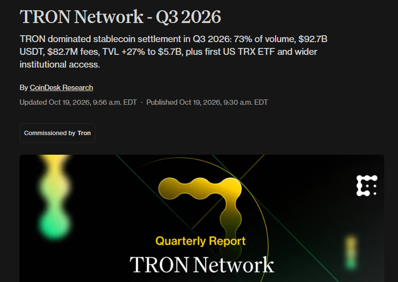 ONEMINNFT's tweet photo. 전 세계 USDT의 절반 이상이 TRON에

CoinDesk 2026년 Q3 보고서 기준, 분기 말 USDT 점유율은 50% 초과.

9월 P2P 스테이블코인 송금액 점유율은 약 73%였습니다.
https://t.co/45TPZYR0p0
#TRON https://t.co/pdSEIGSuZR