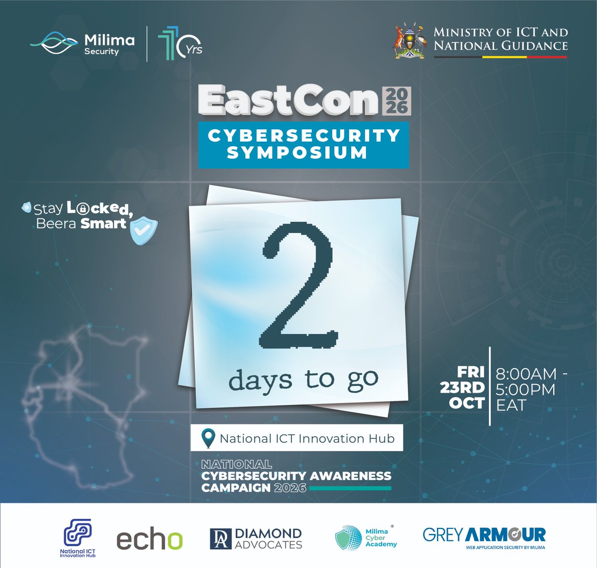 milimatechug's tweet photo. Only two days to the EastCon Symposium! Don’t miss your chance to be part of Uganda’s biggest Cybersecurity Awareness Symposium of 2026 happening this Friday at National ICT Innovation Hub from 8:00 AM – 5:00 PM.

Get ready for an exciting day packed with live demonstrations, engaging panel discussions, Capture The Flag (CTF) competition and so much more!

Whether you are a cybersecurity enthusiast, a tech professional, or simply passionate about staying safe in the digital world, EastCon is the place to be!

Register Now and be part of the action; https://t.co/4RupXHzn5D

#CSAM2026 #EastCon2026 #Cybersecurity #CybersecurityAwareness #UgandaTech #StayLockedBeeraSmart