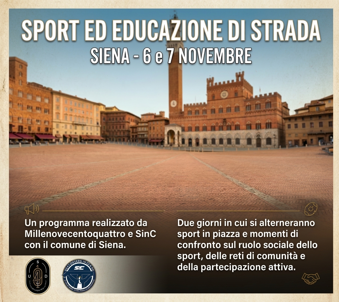 SinC_Italia's tweet photo. Supporters in Campo a Siena per il programma 'Sport ed educazione di strada' con Millenovecentoquattro - 6 e 7 novembre 2026

➡️ https://t.co/YXtc5a6xm8

''L'idea parte dalla consapevolezza che la comunità del tifo per una squadra non si debba esaurire nel giorno della partita... https://t.co/7OCtWpUXRS