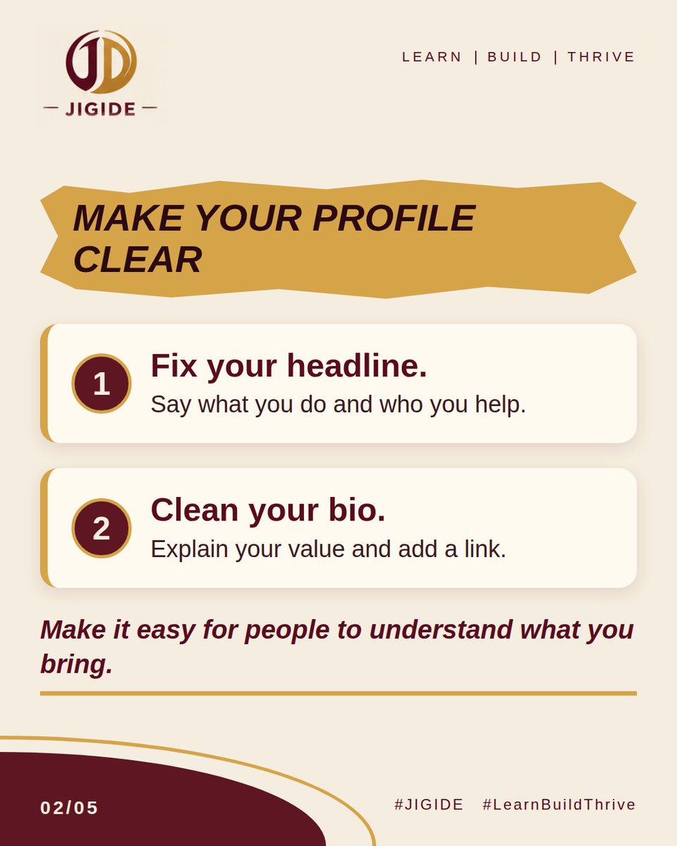 jigidehq's tweet photo. Visibility doesn't happen by waiting. It happens by showing up. 
Swipe for 7 actions you can take today 👉 and save this post for later.
Which one are you starting with? Drop it in the comments!
#JIGIDE #LearnBuildThrive https://t.co/SsKFSOLo7k