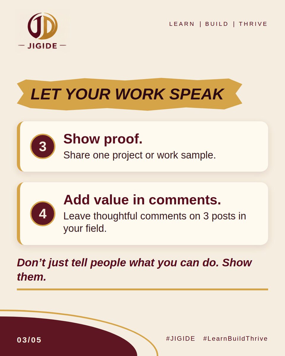 jigidehq's tweet photo. Visibility doesn't happen by waiting. It happens by showing up. 
Swipe for 7 actions you can take today 👉 and save this post for later.
Which one are you starting with? Drop it in the comments!
#JIGIDE #LearnBuildThrive https://t.co/SsKFSOLo7k