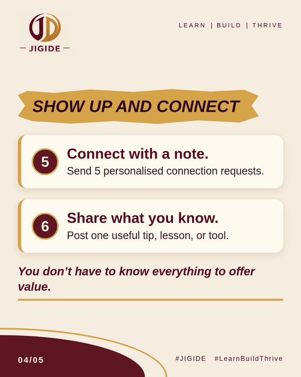 jigidehq's tweet photo. Visibility doesn't happen by waiting. It happens by showing up. 
Swipe for 7 actions you can take today 👉 and save this post for later.
Which one are you starting with? Drop it in the comments!
#JIGIDE #LearnBuildThrive https://t.co/SsKFSOLo7k