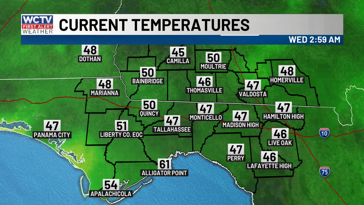 WCTVFirstAlert's tweet photo. Here's a look at the temperatures across our area. #FLwx #GAwx https://t.co/ga9tOKvkLW