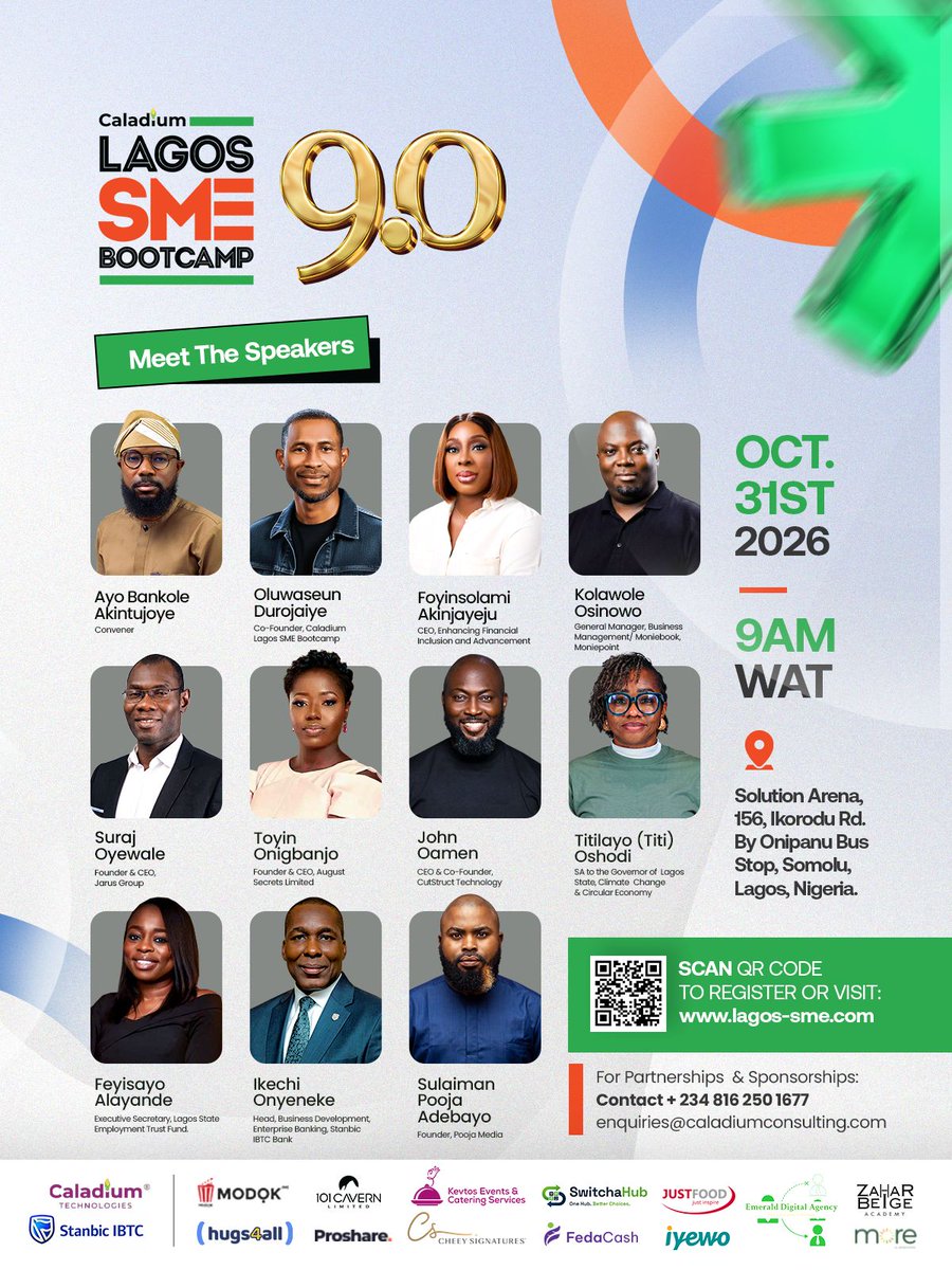 LagoSMEbootCamp's tweet photo. We are delighted to announce Stanbic IBTC as the Official Banking Partner for the Caladium SME Bootcamp 9.0!

Building a successful business requires more than a great idea. It takes access to the right financial services, strategic support, and the knowledge to make informed decisions that drive sustainable growth.

Through this partnership, we look forward to connecting entrepreneurs with opportunities to strengthen their businesses and make better financial decisions.

We are proud to welcome Stanbic IBTC as we continue to empower entrepreneurs and strengthen Nigeria’s SME ecosystem.

📅 Date: Saturday, October 31, 2026
📍 Venue: Solutions Arena, 156 Ikorodu Road, by Onipanu Bus Stop, Somolu, Lagos.

Join us at the 9th edition of the Caladium SME Bootcamp!

Register at https://t.co/4mJ5TS1xyZ