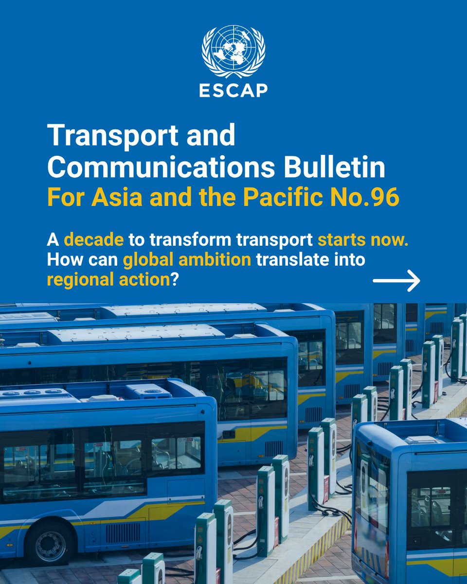 UNESCAP's tweet photo. 🚆 How can Asia-Pacific make transport more sustainable?

ESCAP’s latest Transport Bulletin explores solutions, from electric mobility and better connectivity to climate-resilient roads, railways and ports.

📖 Read more: https://t.co/3fG6NfhRMW

#SustainableTransport https://t.co/t1MXYtpPYA