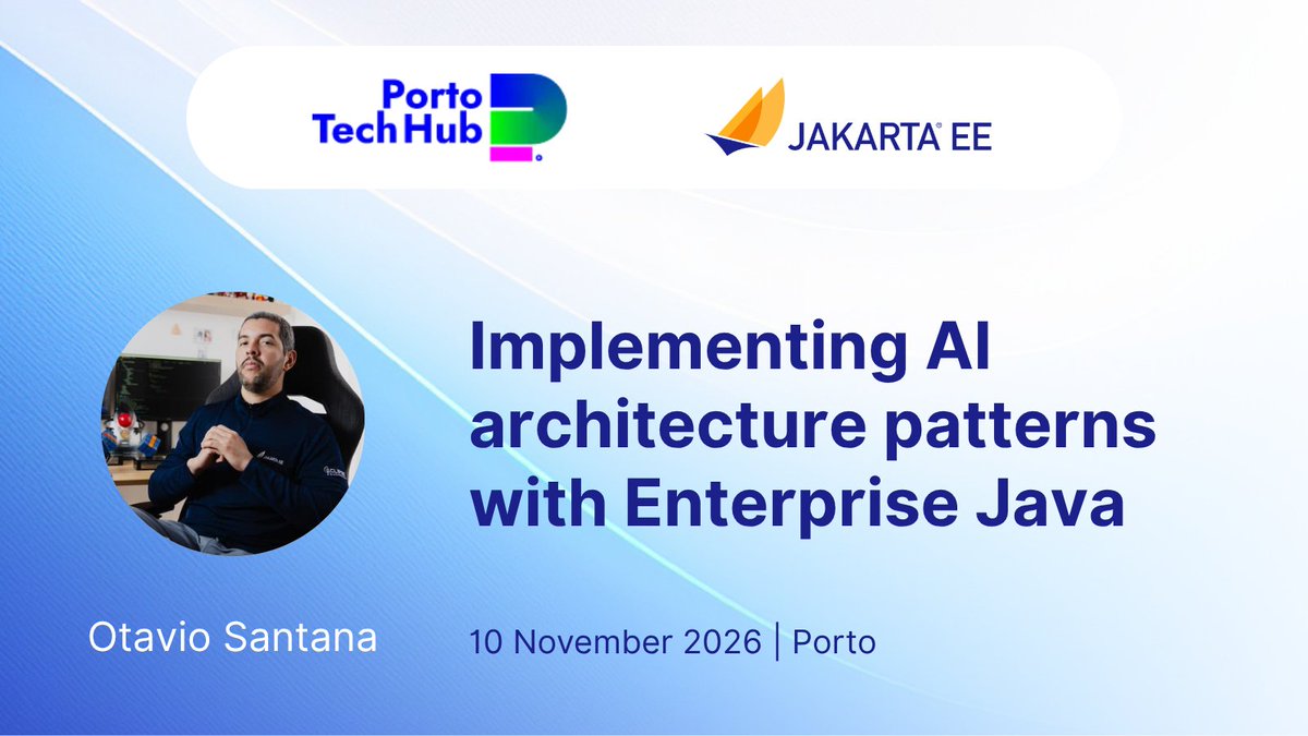JakartaEE's tweet photo. ☕ Heading to @PortoTechHub on 10 November? Jakarta EE will be there! 
We'll be at booth 10, and @ivar_grimstad would love to chat about Jakarta EE, what's happening in the community, and what's next for enterprise Java.

🤖 @otaviojava will also lead a hands-on workshop, "Implementing AI Architecture Patterns with Enterprise Java”, covering RAG, ReAct agents, multi-agent architectures, and MCP orchestration.

See you in Porto 👉 https://t.co/Iqwdiy4jq8

#JavaEE #JakartaEE #EnterpriseJava #ReActAgents