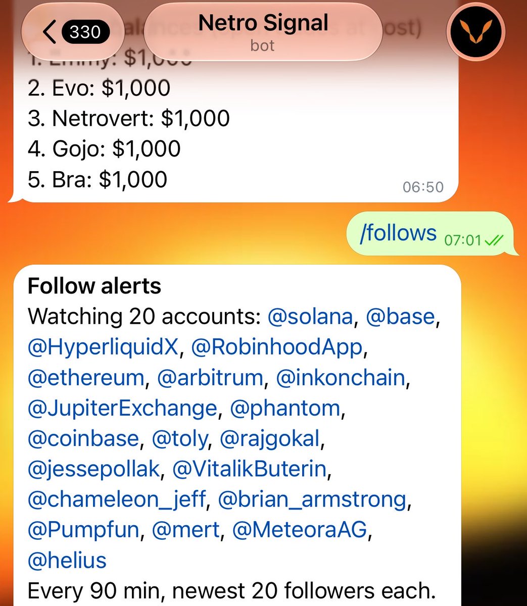 netrovertHQ's tweet photo. saw this last night, shipped it this morning

Netro Signal now watches 20 big accounts across 

solana, base, hyperliquid and more, 

and pings you when a fresh project follows them

free on [@ netrosignal_bot], just send /follows on https://t.co/VgxkiUl7kx