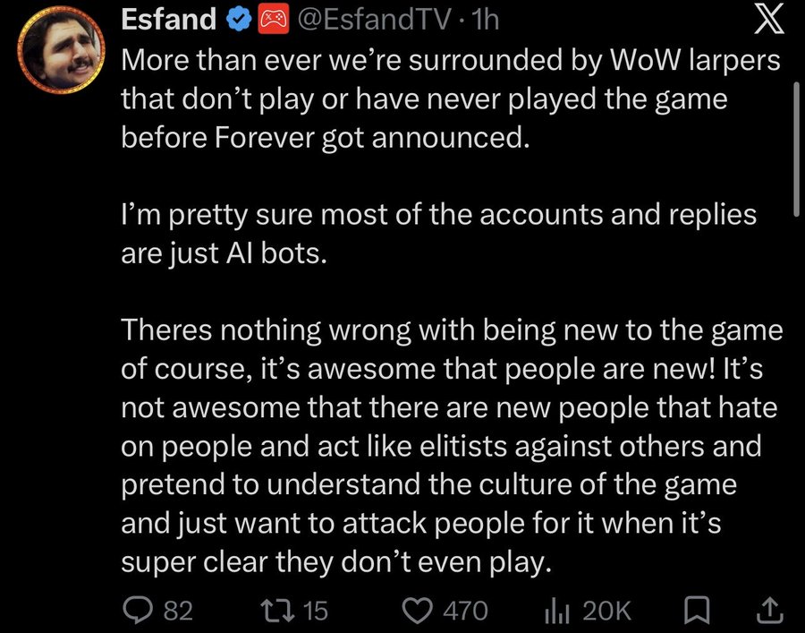 Johnnyxrain's tweet photo. Esfand talks about the "Larpers" in Forever Wow.

Crazy how people lose their minds over a simple video game. lol https://t.co/6RsQQI59t7