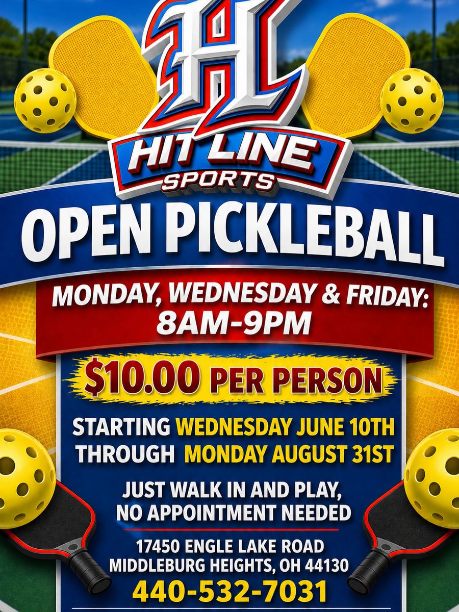 fukudashotzi's tweet photo. Open pickleball is here at Hitline Sports! Play Monday, Wednesday, or Friday from 8 AM–9 PM for just $10. No reservations needed—walk in and play. Indoor courts open June 10–August 31 at 17450 Engle Lake Road, Middleburg Heights. https://t.co/7OXe9VvlGo