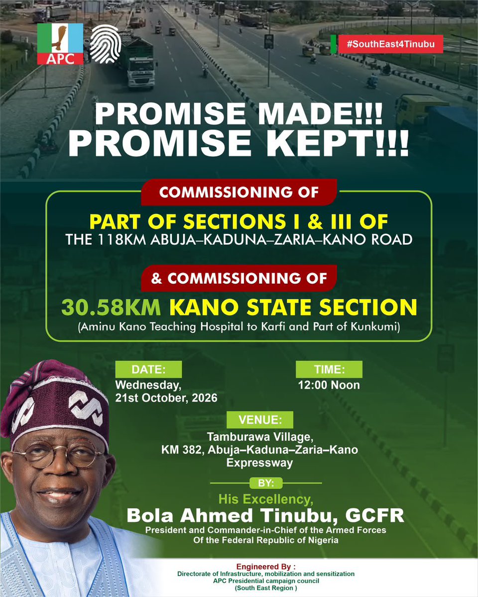 ikennadona's tweet photo. @realdaveumahi 

🇳🇬 ROAD PROJECT COMMISSIONING

President Bola Ahmed Tinubu, GCFR, will commission Sections I &amp; III of the 118km Abuja–Kaduna–Zaria–Kano Road and the 30.58km Kano section (Aminu Kano Teaching Hospital–Karfi–part of Kunkumi). https://t.co/DKUK09tFCN