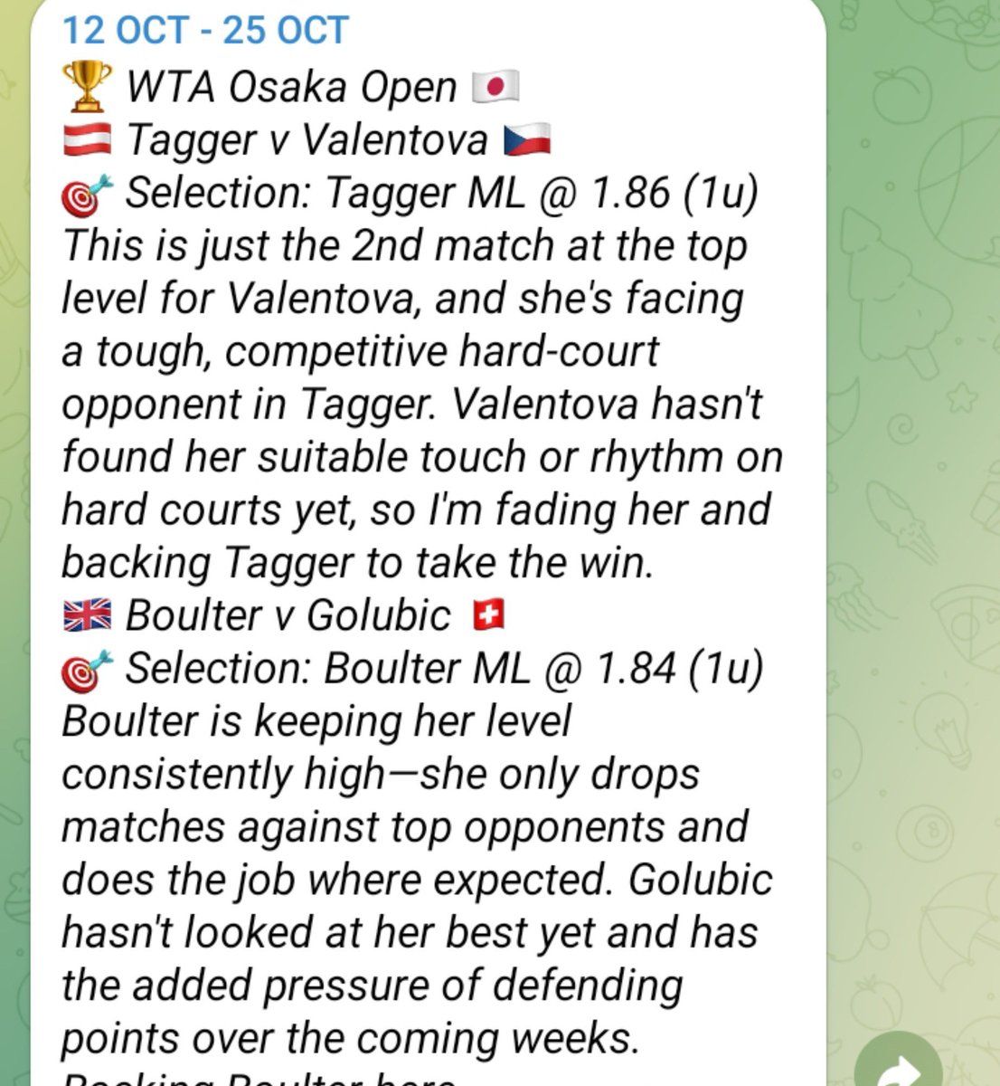 AashInsights's tweet photo. 🏆 WTA Osaka Open 🇯🇵
⚔️ Boulter 🇬🇧 v Golubic 🇨🇭
🎯 Selection: Boulter ML @ 1.84 (1u) - WON (+0.84u) ✅
​2/2 Clean Sweep in Osaka! 🔥
✨ Tagger ML ✅
✨ Boulter ML ✅
​Join VIP for more! DM for info, link in bio. 🎾⚡
​#TennisPicks #WTA #OsakaOpen https://t.co/NHXjciPPF4