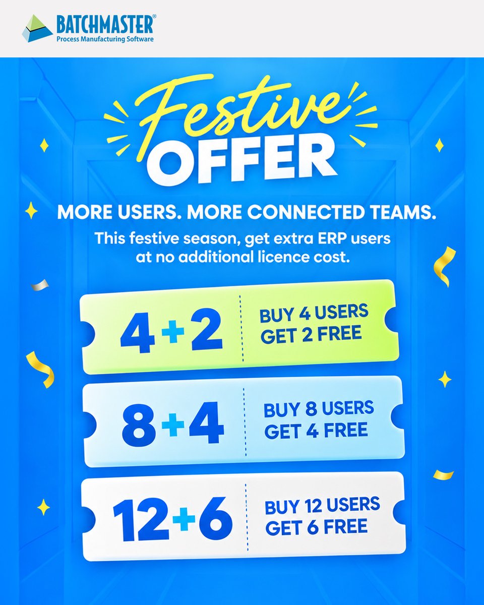 BatchMasterInd's tweet photo. Growth works better when your entire team is on the same page. Make this festive season an opportunity to bring more people into your ERP ecosystem and get more value from your investment.

Talk to our team today to explore the offer for your business.

https://t.co/8V793IXHrh https://t.co/nnBhOKUSdn