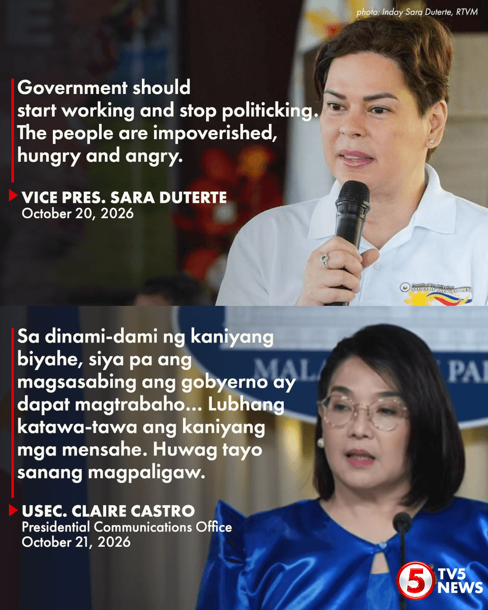 TV5NewsPH's tweet photo. 'AKO'Y LUBHANG NATAWA'

Sumagot si Palace Press Officer Usec. Castro kaugnay sa panawagan ni Vice Pres. Sara Duterte sa gobyerno na magtrabaho at itigil ang umano'y pamumulitika.

Sa isang pahayag, inakusahan ni VP Sara ang gobyerno tungkol sa pagtatangka umanong idiin siya sa mga usaping may kaugnayan sa national security.

"Ang Pangulo at ang administrasyon na ito, simula pa lang nang siya'y maupo ay patuloy sa pagtatrabaho hindi lamang para iangat ang ekonomiya kundi pati ang buhay ng mga Pilipino," giit ni Usec. Castro.