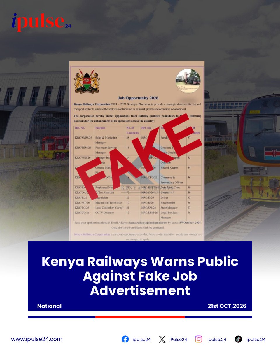 iPulse24's tweet photo. Kenya Railways has flagged this viral recruitment notice as FAKE. The corporation has warned the public against falling victim to fraudulent job advertisements.   Stay alert and verify through official channels: https://t.co/YXISQbu8sX https://t.co/kpVIq3qTGj