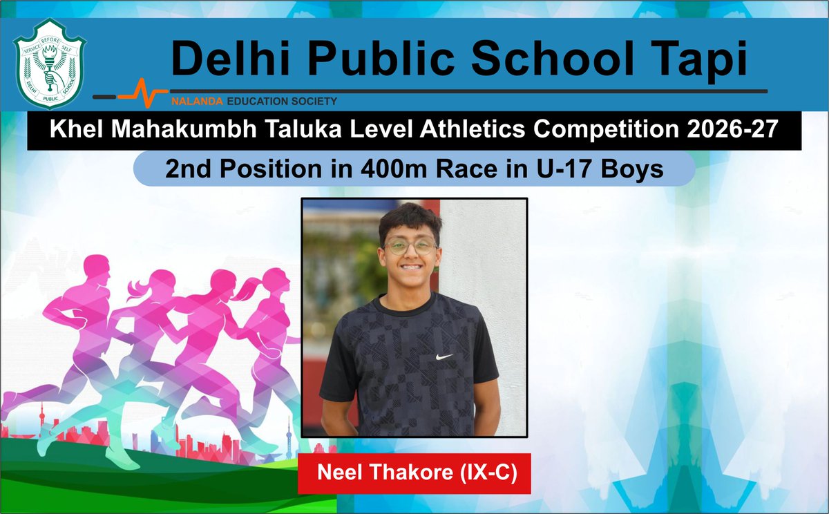DPSTapi's tweet photo. 🏃‍♀️🏆 DPS Tapi shines at the Athletics Competition! Aashita Mishra (VII-B) won 1st in the U-14 Girls’ 100 m. Neel Thakore (IX-C) secured 2nd in the U-17 Boys’ 400 m, while Anush Shah (X-B) won 2nd in 200 m and 3rd in 100 m.

#DPSTapi #Athletics https://t.co/C9Gf9AIoi1