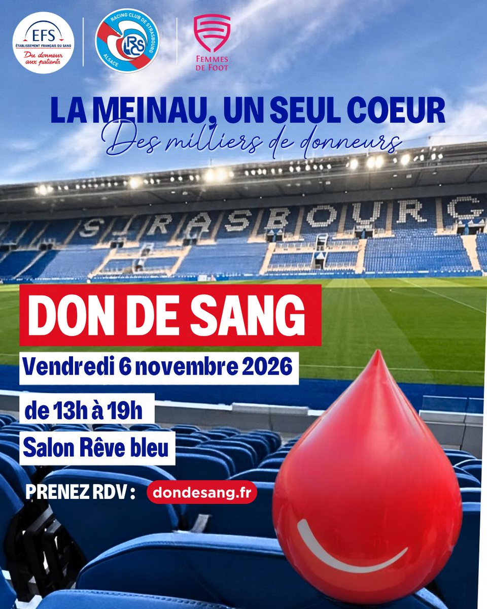 RCSA's tweet photo. 𝗙𝗮𝗶𝘁𝗲𝘀 𝗯𝗮𝘁𝘁𝗿𝗲 𝗹𝗲 𝗰𝗼𝗲𝘂𝗿 𝗱𝗲 𝗹𝗮 𝗠𝗲𝗶𝗻𝗮𝘂, 𝘃𝗲𝗻𝗲𝘇 𝘀𝗮𝘂𝘃𝗲𝗿 𝗱𝗲𝘀 𝘃𝗶𝗲𝘀 ❤️

Le vendredi 6 novembre, de 13h à 19h, donnez votre sang dans les coulisses du stade de la Meinau.

Le Racing, Femmes de Foot et l’@EFS_dondesang vous donnent rendez-vous pour une grande collecte. Ensemble, battons le record de dons et montrons la force de nos supporters !

👉 Prenez rendez-vous sur https://t.co/6FkIc8Djqi