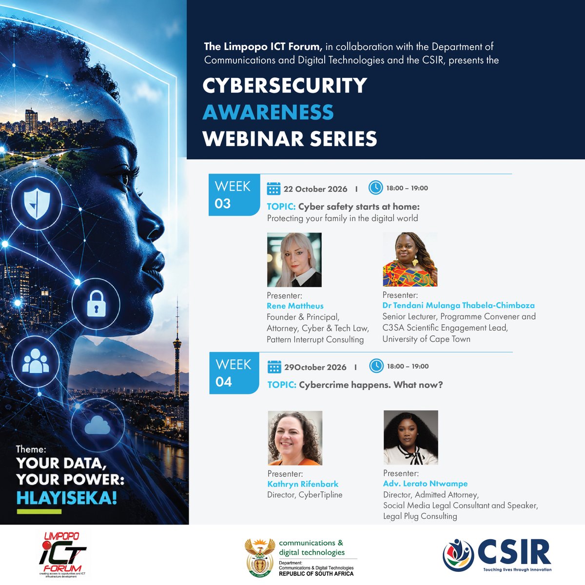 CSIR's tweet photo. #TeamCSIR #Cybersecurity Awareness Webinar Series

Join the discussion as we shine the spotlight on common online threats affecting children and adults, which include cyberbullying, online scams, inappropriate content and others. This session will assist families with creating a safer digital environment at home

Webinar details:
Speakers: Rene Mattheus, Pattern Interrupt Consulting and Dr Tendani Mulanga Thabela-Chimboza, University of Cape Town
Date: Thursday, 22 October 2026
Time: 18:00 – 19:00
Platform: Microsoft Teams https://t.co/NWiMZOfsJf