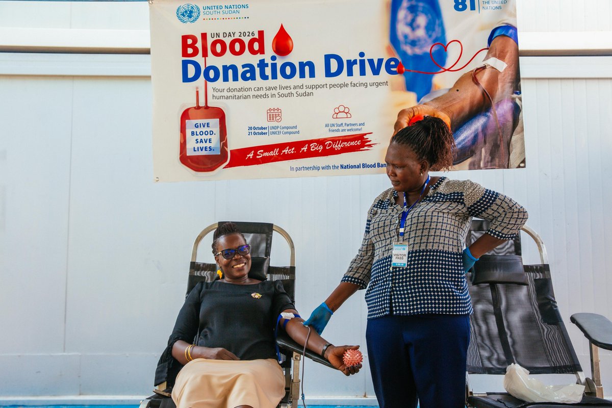 unicefssudan's tweet photo. 🩸 One donation can save a life! Today at @unicefssudan and yesterday at @undpsouthsudan compounds in Juba, staff and partners are donating blood to mark 81 years of the UN and help address South Sudan’s shortage of safe blood. Every drop counts! ❤️#UNDay2026 @UN_SouthSudan https://t.co/5iqJWLmtmf