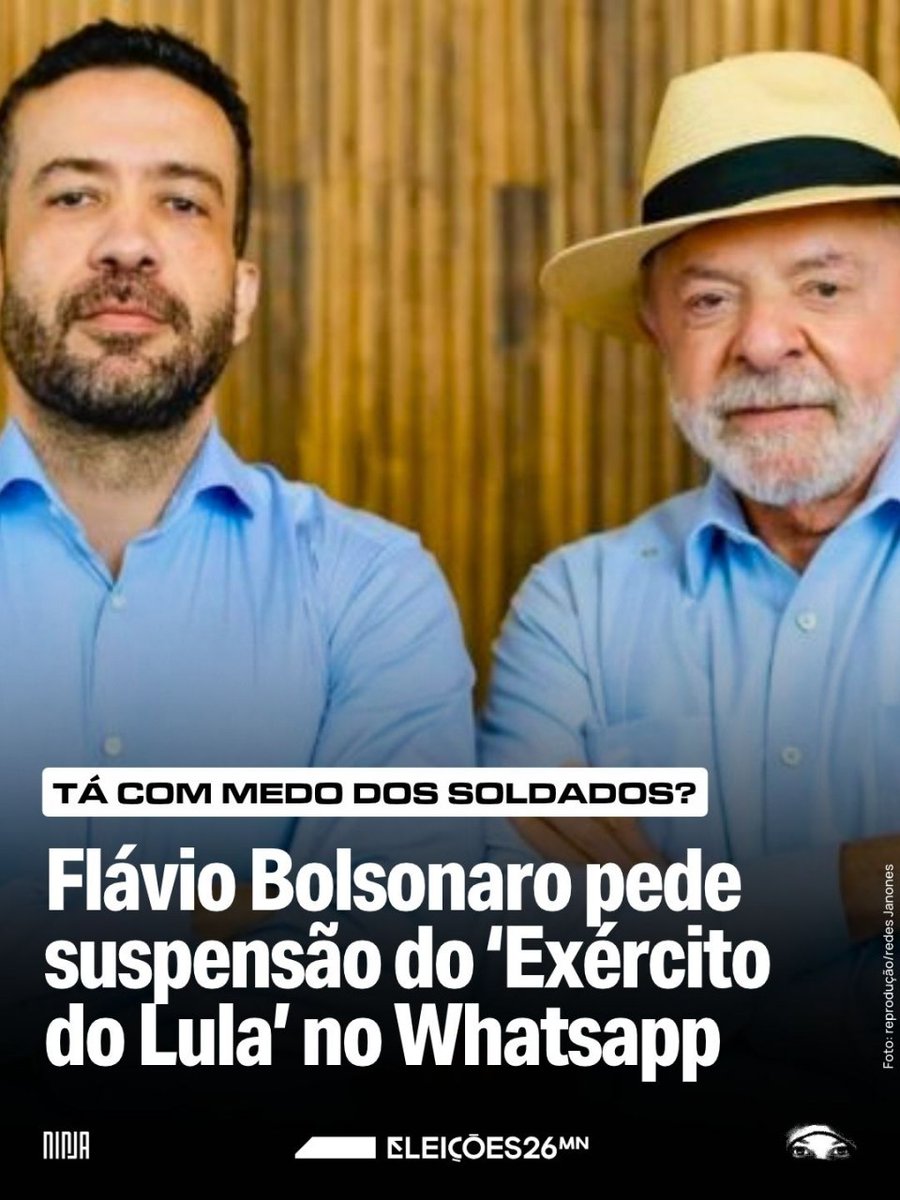 MidiaNINJA's tweet photo. A cinco dias do segundo turno, Flávio Bolsonaro voltou a acionar o Tribunal Superior Eleitoral (TSE) contra o canal de WhatsApp “Exército do Lula”, administrado pelo deputado federal André Janones e usado para mobilizar quase 7 milhões de apoiadores do presidente Lula. Na petição apresentada nesta terça-feira (20), a defesa de Flávio pede que a Meta, responsável pelo aplicativo, seja fiscalizada e que o canal possa ser suspenso caso irregularidades sejam identificadas.

O pedido foi enviado ao presidente do TSE, ministro Nunes Marques, depois de a Meta informar à Justiça Eleitoral que não encontrou sinais de comportamento coordenado. Os advogados de Flávio contestam a conclusão e afirmam que a empresa não disse quais sinais procurou, quais aplicativos examinou nem qual foi o resultado. Eles pedem, ainda, que a Meta explique, em quatro horas, os métodos usados na análise e preserve as mensagens apagadas.