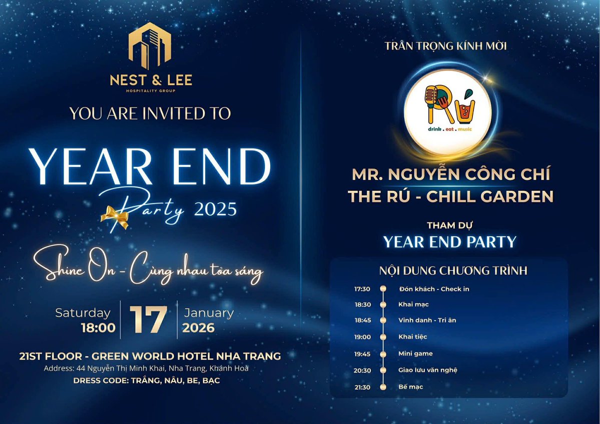 AdrieVmMaddeFNz's tweet photo. The Rú – Chill Garden chúc Nest &amp; Lee Hospitality Group một năm khép lại trọn vẹn, sẵn sàng cho những điều rực rỡ phía trước. Shine On – Cùng nhau tỏa sáng. https://t.co/K3nhogtY8a