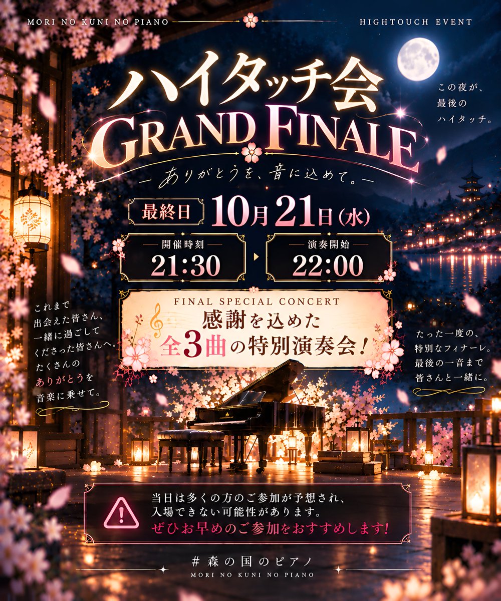 meetoopai's tweet photo. 🎹 ハイタッチ会 GRAND FINALE 🌸

✨ まもなく最終日開幕！✨

🕤 開場21:30／演奏22:00

感謝を込めた全3曲の特別演奏会！🎼

⚠️ 混雑により入場できない可能性があります。お早めに！

最後まで一緒に楽しみましょう！🌙

#森の国のピアノ https://t.co/apsCDE9ERh
