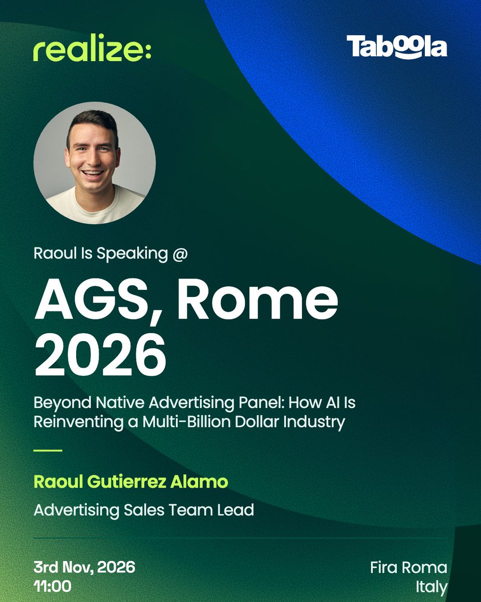 RealizeAds's tweet photo. Meet the team behind Realize, @taboola's ad platform, at Affiliate Grand Slam Rome 2026 🇮🇹🦊

We’ll also join two sessions on the AGS Stage, Hall 2:
📅 Nov 3, 11:00 | ‘Beyond Native Advertising: How AI Is Reinventing a Multi-Billion Dollar Industry’ with Raoul Gutierrez Alamo.
📅 Nov 5, 13:00 | Search Arbitrage in 2026: Is the Model Still Built to Scale?’ with Andrew Bellach

Find us at booth H2-2070, Hall 2, Fiera Roma, talking about incremental growth beyond search and social.
