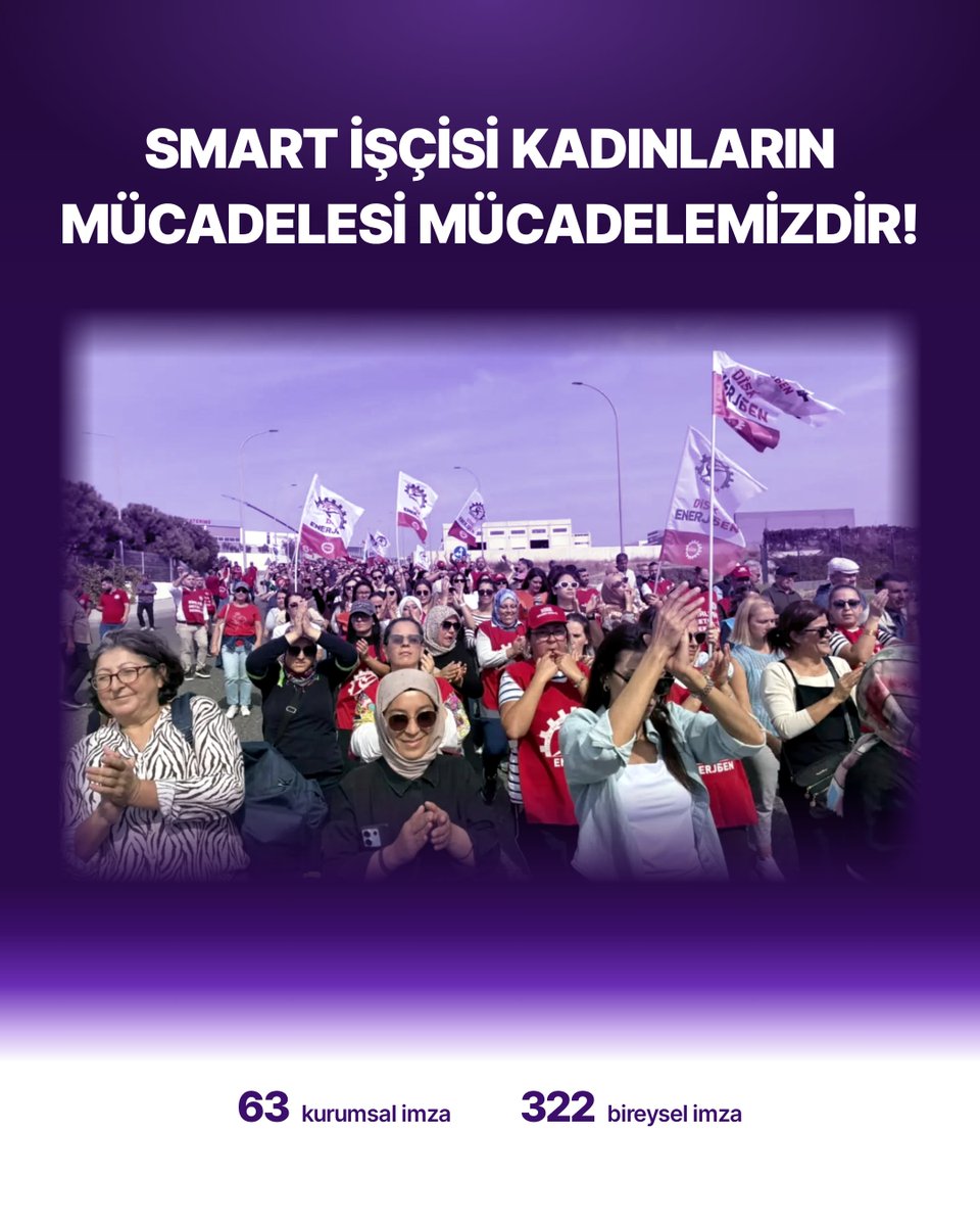 BirlesikMetal's tweet photo. 🟣SMART İŞÇİSİ KADINLARIN MÜCADELESİ MÜCADELEMİZDİR!

Kadın örgütlerinden, feminist örgütlerden, sendikalardan, meslek örgütlerinden, demokratik kitle örgütlerinden kadınlar, kadın milletvekilleri, gazeteciler, avukatlar, hak savunucuları ve emekçiler; 63 kurumsal, 322 bireysel imzayla ortak bir bildiri yayımlayarak Smart Güneş Teknolojileri Aliağa Fabrikası’nda 15 gündür direnişlerini sürdüren kadın işçilerle dayanışma içinde olduklarını duyurdu.

💬“Baskılara ve işten çıkarmalara rağmen mücadelelerinden vazgeçmeyen kadın işçilerin kararlılığını selamlıyoruz. Smart işçisi kadınların mücadelesini kendi mücadelemiz olarak görüyor, tüm kadınları ve kadın örgütlerini bu direnişle dayanışmayı büyütmeye çağırıyoruz.”

✊Yaşasın kadın dayanışması! Yaşasın sınıf dayanışması!

#SmartİşçisiKadınlarKazanacak
#YaşasınKadınDayanışması
#YaşasınSınıfDayanışması