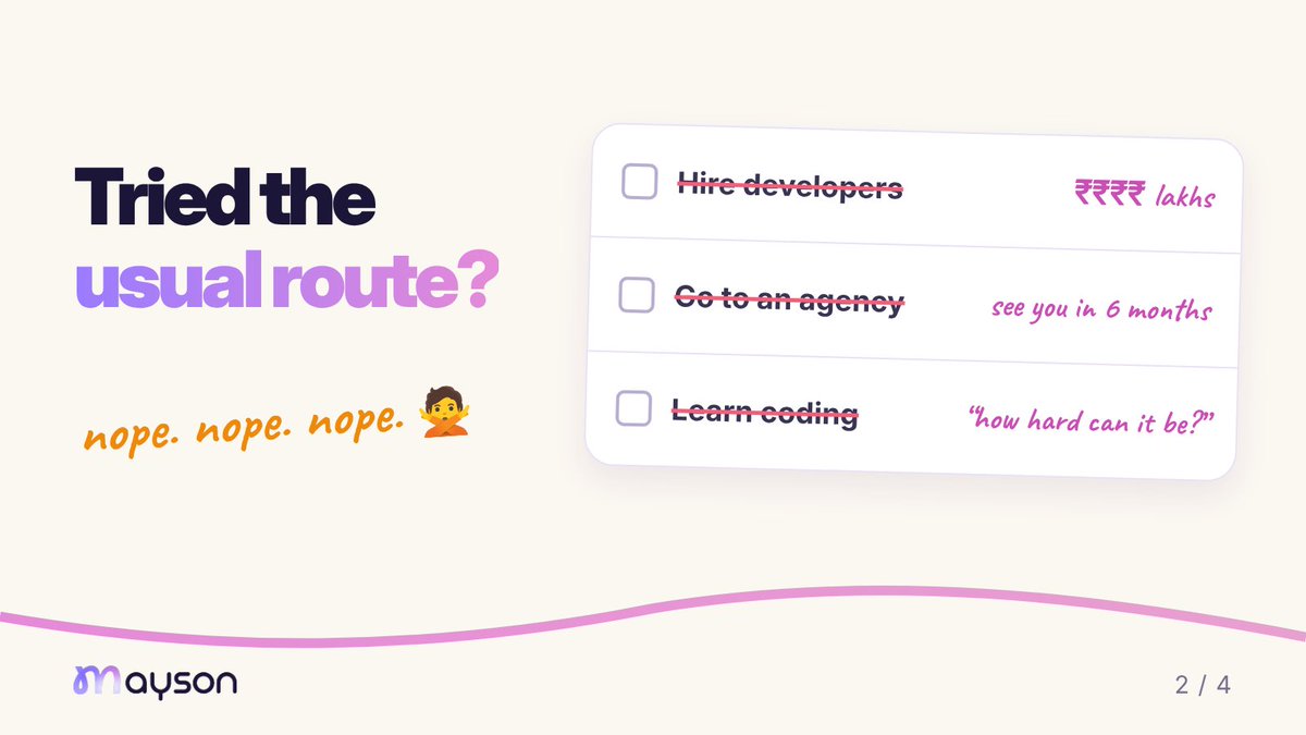 AskMayson's tweet photo. Building an app shouldn't require a development team or months of waiting.

Mayson turns your prompts into working apps, even when the idea is still messy. When you need help, a member of our team is there to guide you, step by step.

start free- https://t.co/IQRrs0XrxK https://t.co/A3Vqd3qA7W