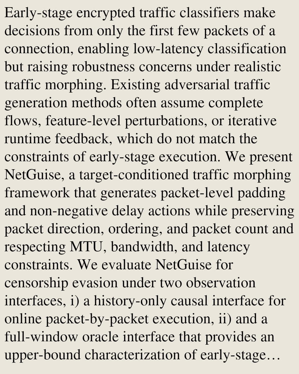 USB's tweet photo. NetGuise: Adversarial Traffic Generation for Early-Stage Classifier Evasion

Binghui Wu, …
https://t.co/5fBaSgsKCv [𝚌𝚜.𝙽𝙸 𝚌𝚜.𝙲𝚁]
💬Accepted to Proceedings of the ACM on Measurement and Analysis of Computing Systems (POMACS), Volume 10, Issue 3, December 2026 https://t.co/ZKVNtvWT5l