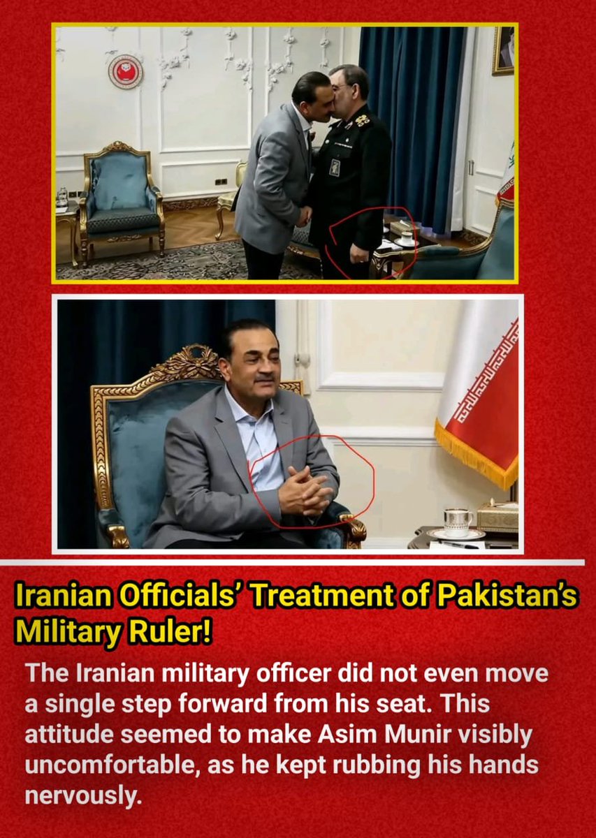 Daily__2010's tweet photo. The Iranian officials’ treatment of Pakistan’s military ruler.

The Iranian military officer did not even take a single step forward from his seat.

This treatment also appeared to make Asim Munir visibly uncomfortable, as he nervously rubbed his hands together. https://t.co/8ojJw7b6oK