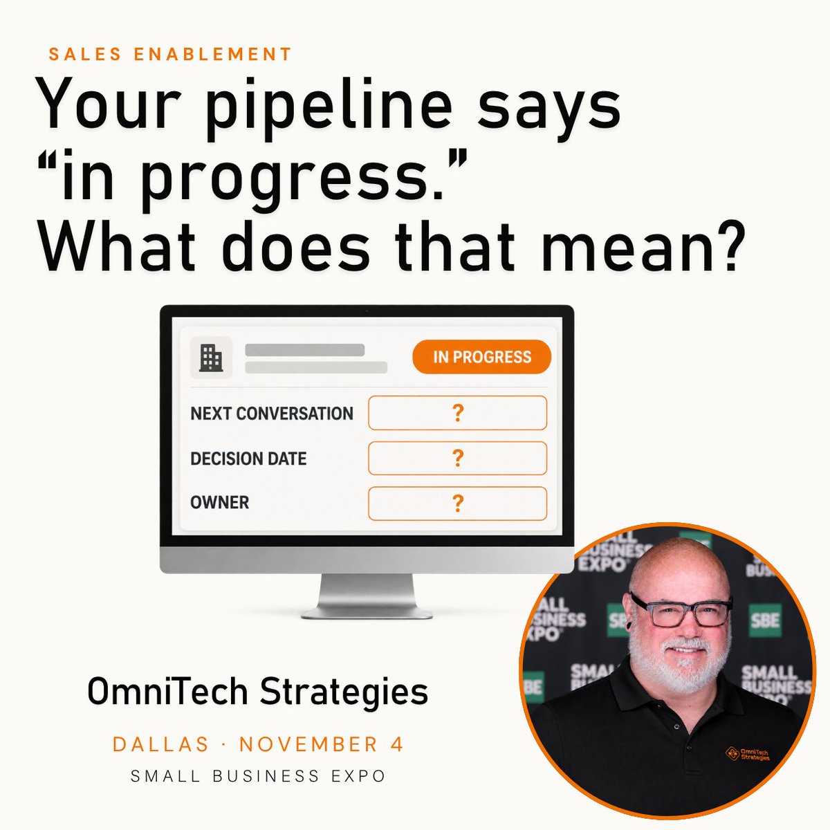 tekprofessional's tweet photo. Your pipeline says “in progress.” What does that mean? Confirmed needs? Proposal reviewed? Decision date agreed? Define the evidence behind each stage.

Message me “CONNECT”—let’s talk pipeline clarity.  Dallas: Small Business Expo, Nov 4. 

#trusttheprocess #revops https://t.co/yBgN4p3zVO