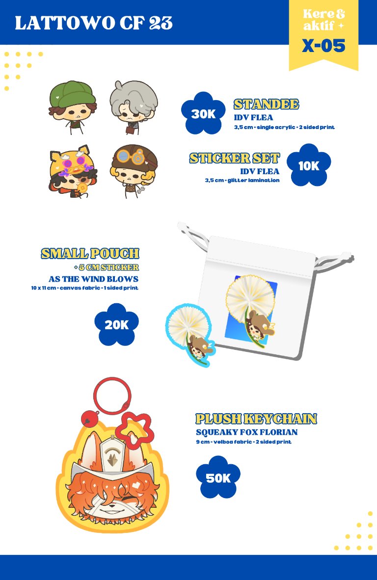 lattowo's tweet photo. 🔄 &amp; ❤️ are appreciated,

Lattowo's #cf23 Catalogue 

📌 : KREATIF (Kere &amp; Aktif) X-05 AB
📝 : IDV, ADWD, OLBA, OLNF, PANDAVVA, BBB
📦 : 21 Oct - 7 Nov (Link Below)

#comifuro23

• IDV | Identity V https://t.co/a53yGNVxJV