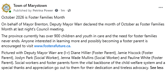 TownofMarystown's tweet photo. October 2026 is Foster Families Month https://t.co/rxMvADchI8