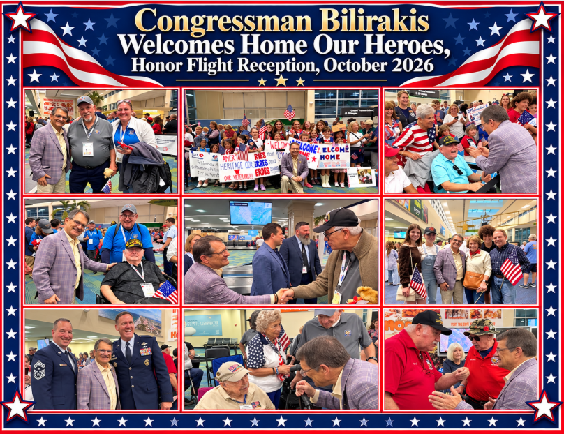 A patriotic event collage with a red, white, and blue star-and-flag border. It contains nine photos of a congressman greeting and posing with veterans and other attendees at an Honor Flight homecoming reception. A large headline appears across the top.
